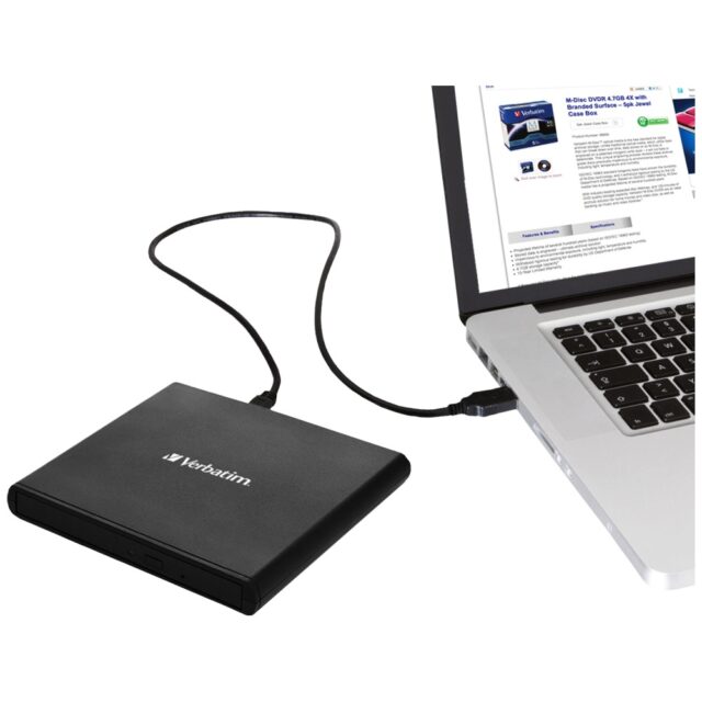 Verbatim External Slimline CD/DVD Burner USB-A + USB-A/USB-A to USB-C Cable black 98938 - imagine 2