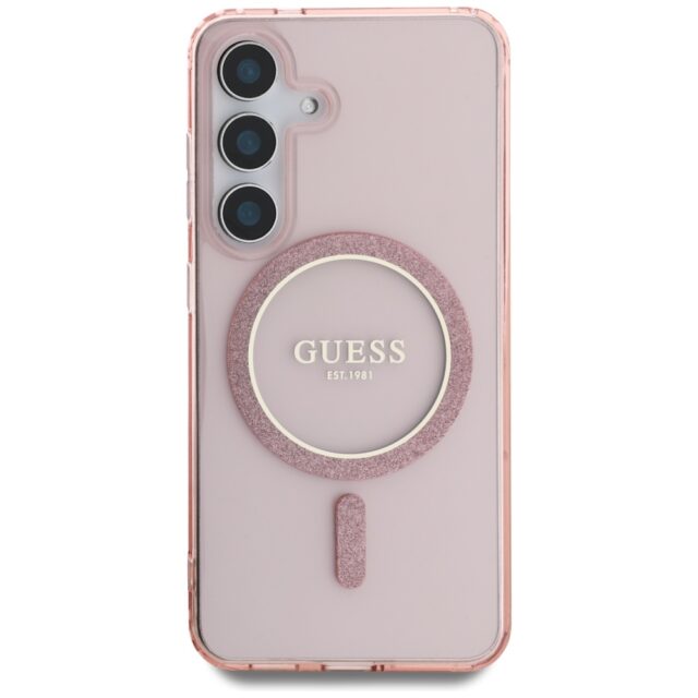 Case Guess Glitter Circle Classic Logo MagSafe for Samsung Galaxy S25 pink - imagine 3