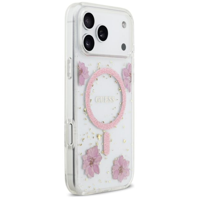 Case Guess Resin Flowers Glitter MagSafe for iPhone 17 Pro Max pink - imagine 4