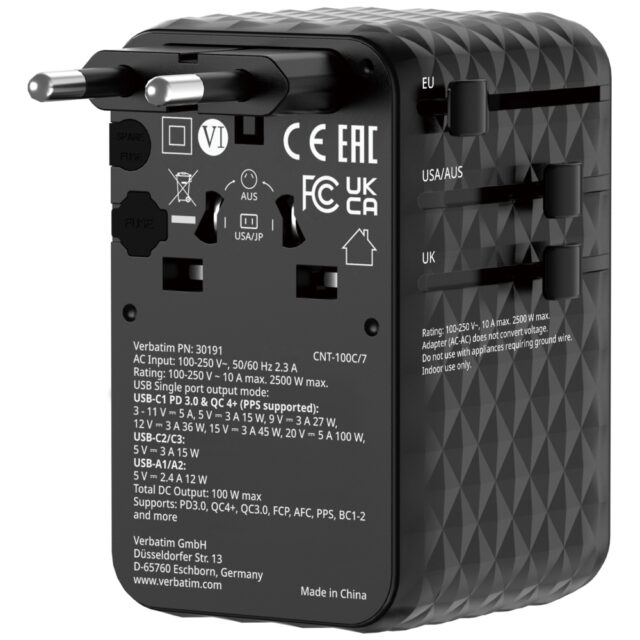 Verbatim Travel Adapter EU/UK/US GaN   2xUSB-C/2xUSB-A/1xUSB-C PD 100W black 30191 - imagine 3