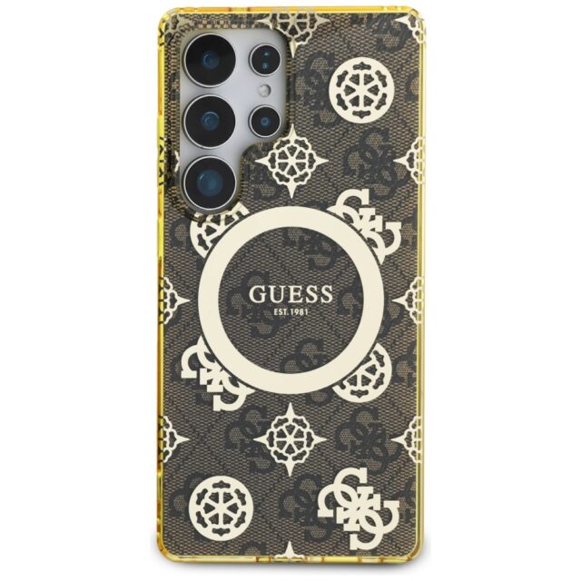Case Guess 4G Background Gold Electroplated Peony Pattern MagSafe for Samsung Galaxy S25 Ultra brown - imagine 3
