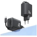 USAMS Charger 1xUSB-C with retractable USB-C Retractable PD+QC 30W Gan Fast Charging black - imagine 4