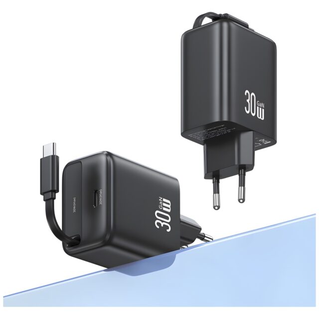 USAMS Charger 1xUSB-C with retractable USB-C Retractable PD+QC 30W Gan Fast Charging black - imagine 4
