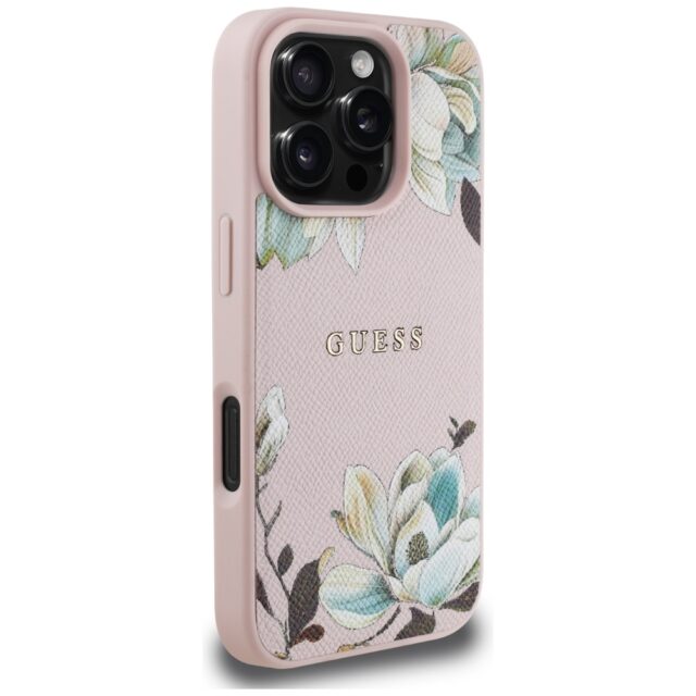 Case Guess Grained Printed Flower Pattern MagSafe for iPhone 16 Pro Max pink - imagine 4