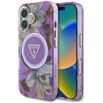 Case Guess Glitter Flowers Triangle Buttons MagSafe for iPhone 16 purple