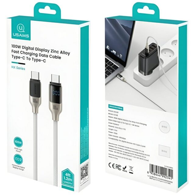 USAMS USB-C to USB-C Cable 100W 1.2m Digital Display Zinc Alloy Fast Charging Data Cable HX Seri - imagine 2