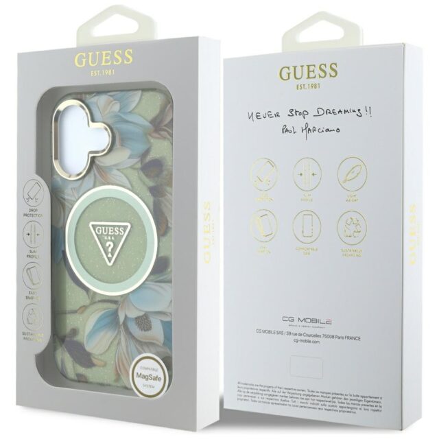 Case Guess Glitter Flowers Triangle Buttons MagSafe for iPhone 16 green - imagine 8