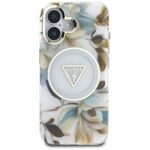 Case Guess Glitter Flowers Triangle Buttons MagSafe for iPhone 16 white - imagine 3