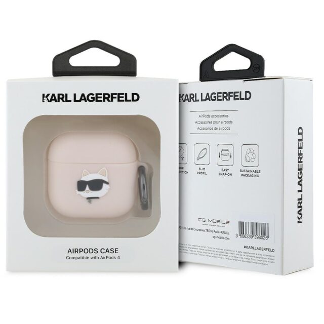 Karl Lagerfeld KLA4RUNCHP AirPods 4 cover pink Silicone Choupette Head 3D - imagine 3
