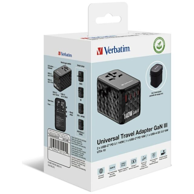 Verbatim Travel Adapter EU/UK/US GaN USB-A/3xUSB-C PD 140W UTA-10 black 32125 - imagine 6