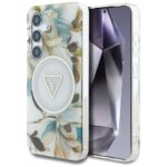 Case Guess Glitter Flowers Triangle Buttons MagSafe for Samsung Galaxy S25 white