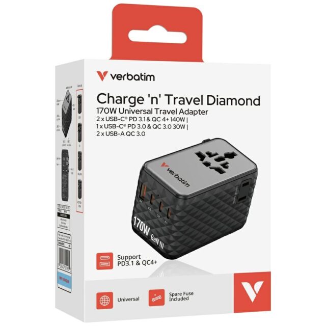Verbatim Adapter podróżny EU/UK/US GaN    2xUSB-A/3xUSB-C PD 170W czarny 30190 - imagine 5
