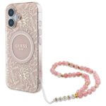 Guess GUHMP16SHCPOFPP iPhone 16 6.1" pink hardcase IML Flower Electro With Pearl Strap MageS