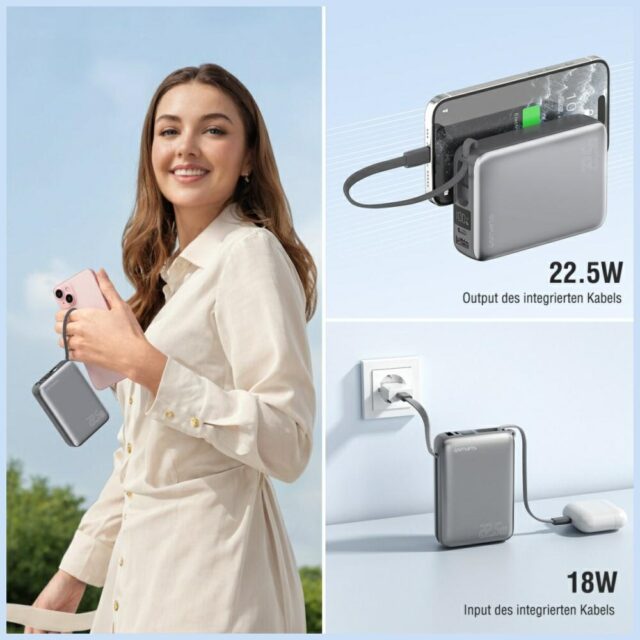 Powerbank 4smarts Pocket Dual Cord 20000mAh 22.5W with built-in USB-C cable 15cm gray - imagine 4