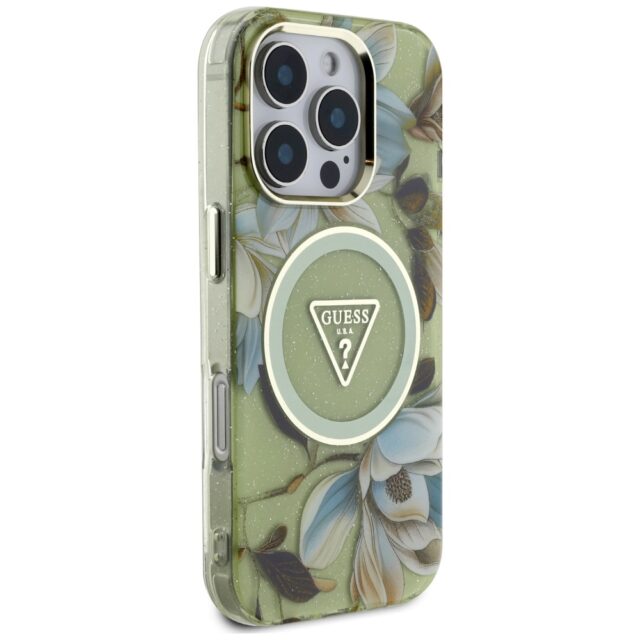 Case Guess Glitter Flowers Triangle Buttons MagSafe for iPhone 16 Pro green - imagine 4