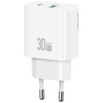 Wall charger USAMS CC316 T65 30W   1xUSB-C 1xUSB-A Fast Charging white
