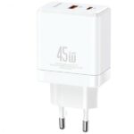 USAMS Charger 1xUSB-C+1xUSB 45W(only head) GaN PD3.0 +QC3.0 Fast Charging white CC178TC02