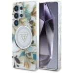 Case Guess Glitter Flowers Triangle Buttons MagSafe for Samsung Galaxy S25 Ultra white