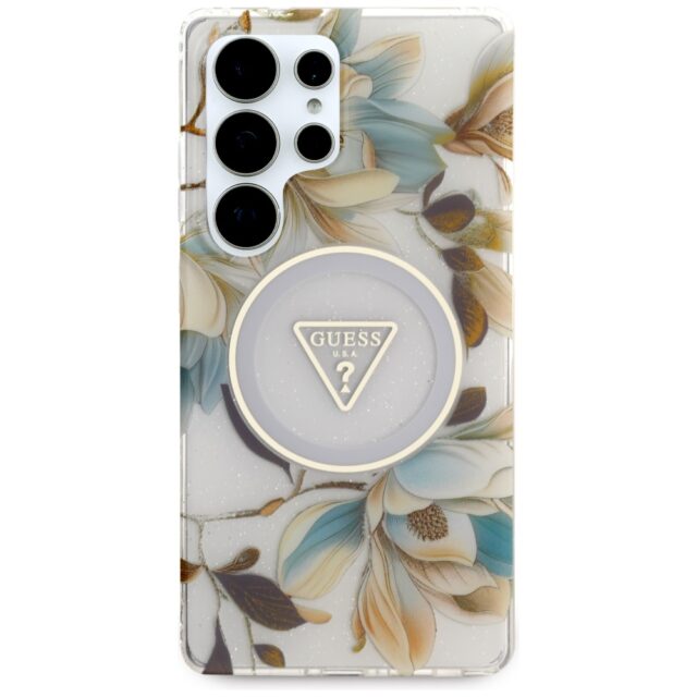 Case Guess Glitter Flowers Triangle Buttons MagSafe for Samsung Galaxy S25 Ultra white - imagine 3
