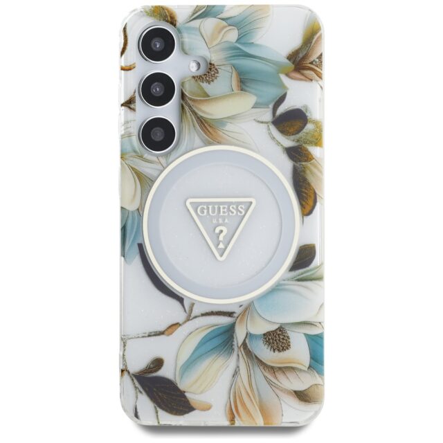 Case Guess Glitter Flowers Triangle Buttons MagSafe for Samsung Galaxy S25 white - imagine 3