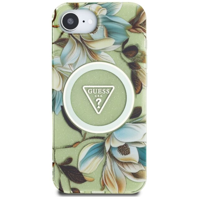 Case Guess IML Metal Glitter Flowers Triangle MagSafe for iPhone 16e green - imagine 3
