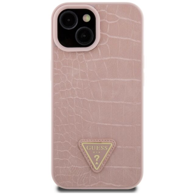 Guess GUHCP15SPCRTHCP iPhone 15 / 14 / 13 6.1" pink hardcase Croco Triangle Metal Logo - imagine 3