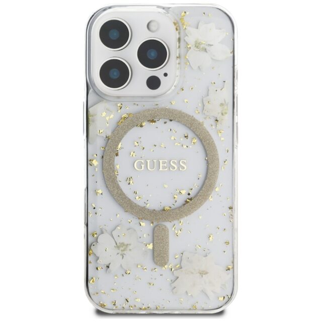 Case Guess Resin Flowers Glitter MagSafe for iPhone 16 Pro Max beige - imagine 3