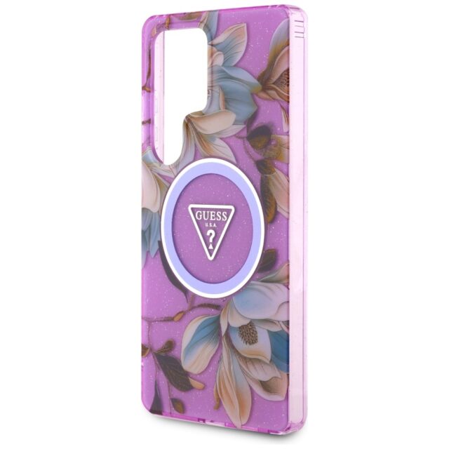 Case Guess Glitter Flowers Triangle Buttons MagSafe for Samsung Galaxy S25 Ultra purple - imagine 6