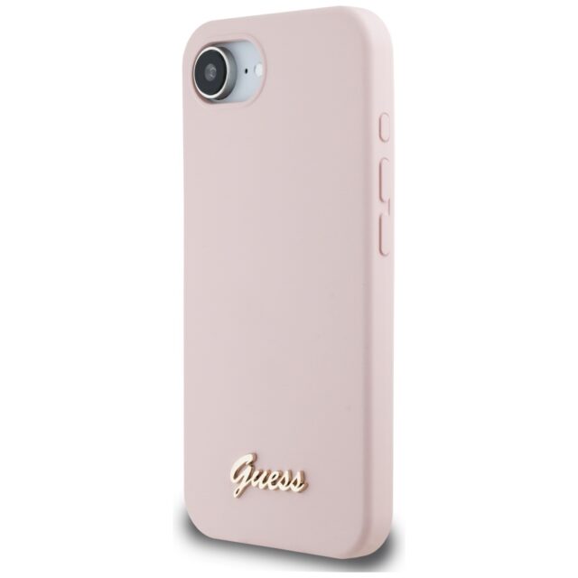 Case Guess Silicone Script Metal Logo MagSafe for iPhone 16e pink - imagine 2