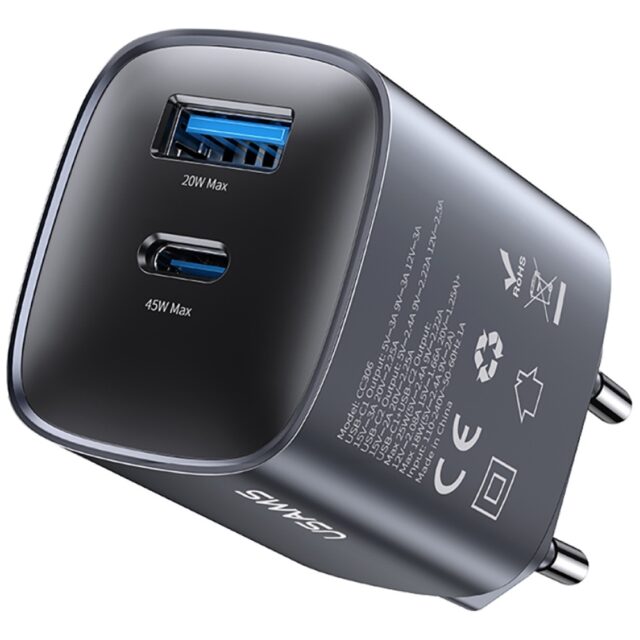 Wall charger USAMS CC290 T66 45W GaN 1xUSB-A 1xUSB-C silver - imagine 2