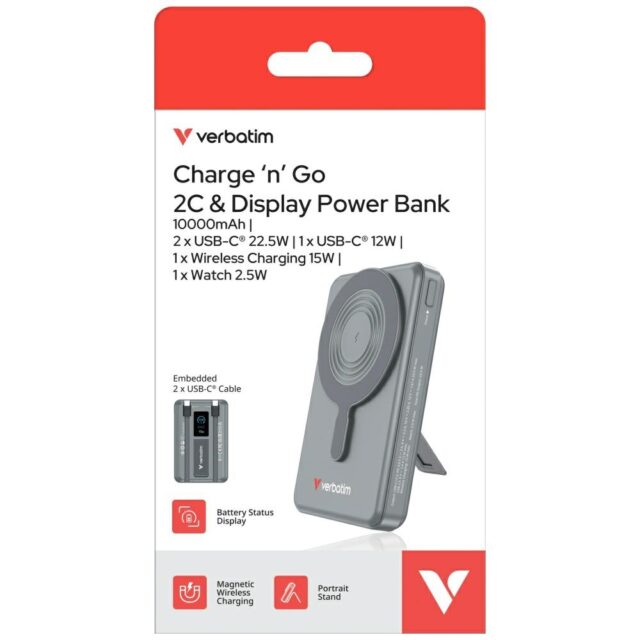 Powerbank Verbatim Charge n Go 10000mAh with stand Magnetic Wireless TFT display 2xUSB-C cable grey - imagine 9
