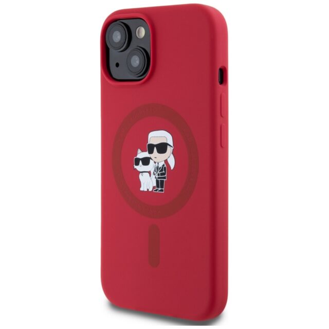 Case Karl Lagerfeld Silicone Karl&Choupette Heads Ring MagSafe for iPhone 15 red - imagine 2