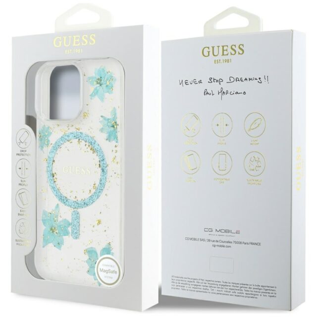 Case Guess Resin Flowers Glitter MagSafe for iPhone 16 Pro turquoise - imagine 8