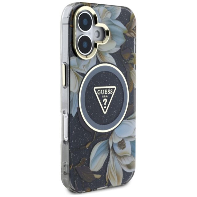 Case Guess Glitter Flowers Triangle Buttons MagSafe for iPhone 16 black - imagine 4