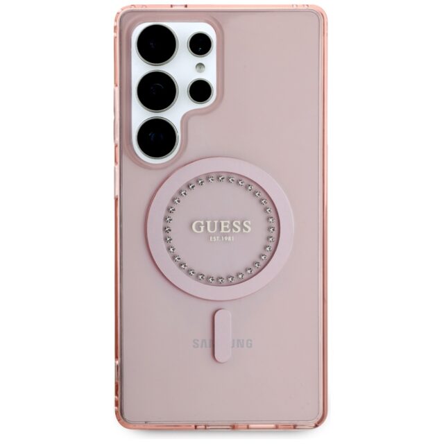 Case Guess Rhinestones Printed Classic Logo MagSafe Samsung Galaxy S25 Ultra pink - imagine 3