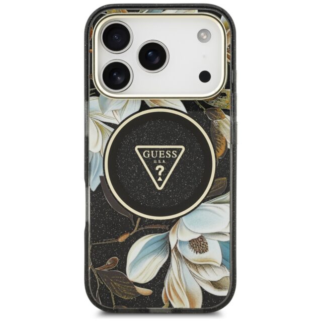 Guess IML Glitter Flowers Triangle MagSafe Case for iPhone 17 Pro Black - imagine 3
