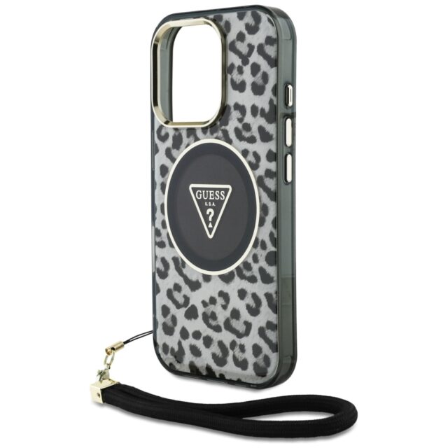 Case Guess HC IML Leopard Triangle Cord Strap for iPhone 16 Pro MagSafe black - imagine 5