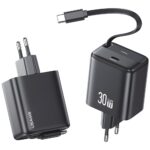 USAMS Charger 1xUSB-C with retractable USB-C Retractable PD+QC 30W Gan Fast Charging black - imagine 3