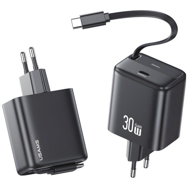 USAMS Charger 1xUSB-C with retractable USB-C Retractable PD+QC 30W Gan Fast Charging black - imagine 3