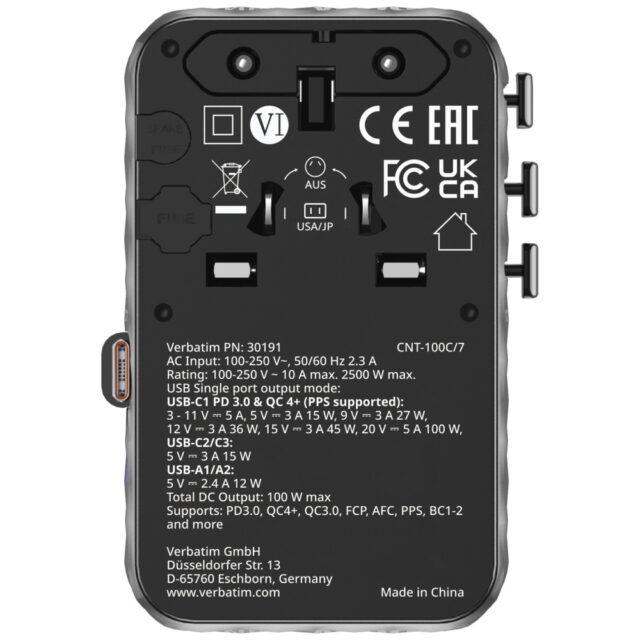 Verbatim Travel Adapter EU/UK/US GaN   2xUSB-C/2xUSB-A/1xUSB-C PD 100W black 30191 - imagine 2