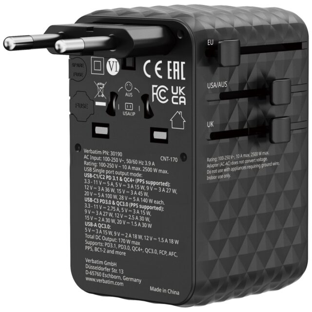 Verbatim Adapter podróżny EU/UK/US GaN    2xUSB-A/3xUSB-C PD 170W czarny 30190 - imagine 2