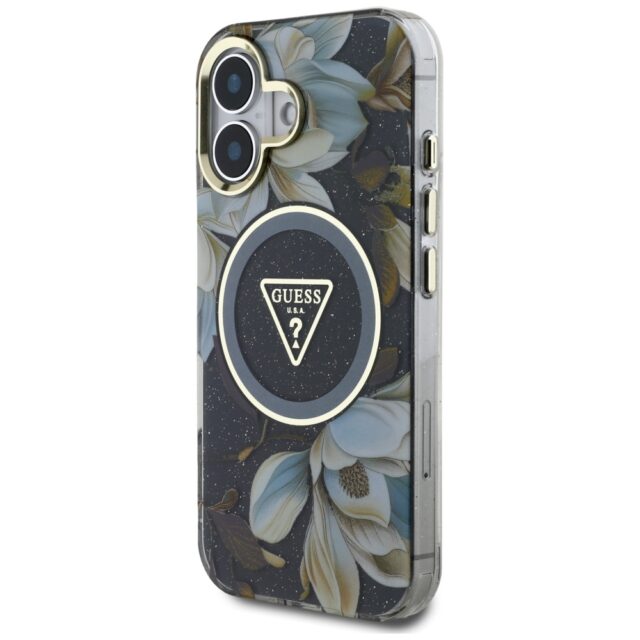 Case Guess Glitter Flowers Triangle Buttons MagSafe for iPhone 16 black - imagine 2