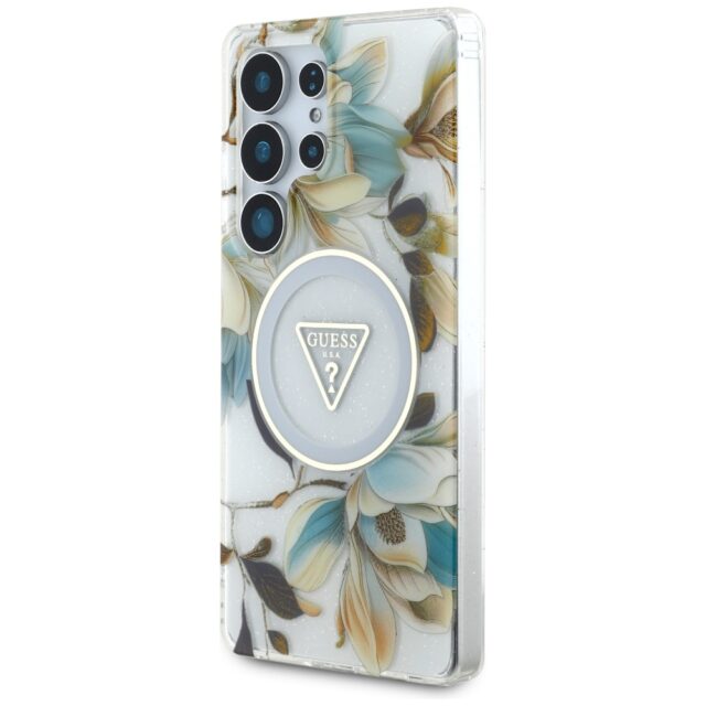 Case Guess Glitter Flowers Triangle Buttons MagSafe for Samsung Galaxy S25 Ultra white - imagine 2