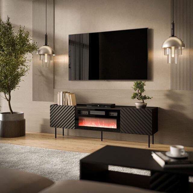 Cama LUCCA TV cabinet 180x40x59 black + black fireplace - imagine 3