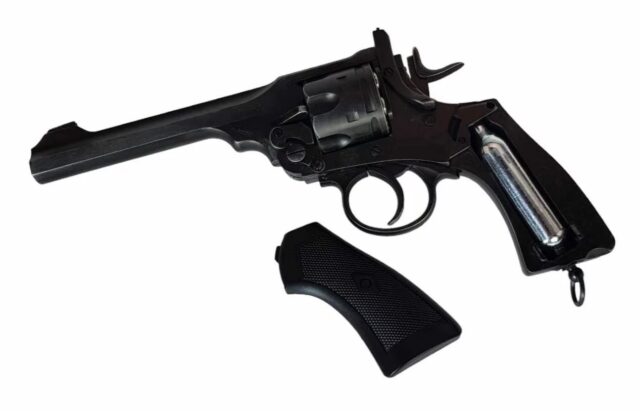 WEBLEY MKVI .455 Police cal.4.5 mm Diabolo cartridge 6-shot barrel 4’ CO2 Black Ekp to17J - imagine 4