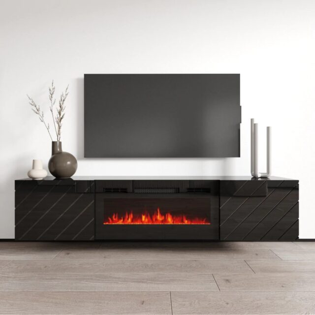 RTV LUXE cabinet 182.6x34.5x37.5 black/black gloss + black fireplace - imagine 4