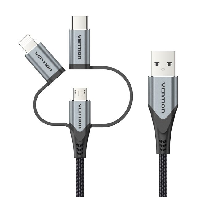 Vention USB 2.0 A Male to 3-in-1 Micro-B&USB-C&Lightning Male Cable 1M Gray Aluminum Alloy Type - imagine 5