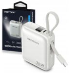 Powerbank Vention 10000mAh 35W PD z wbudowanym kablem USB-C beżowy