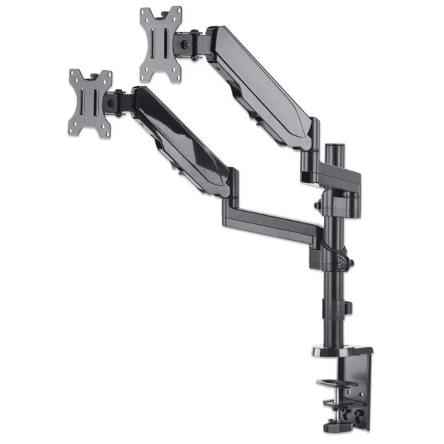 Manhattan TV & Monitor Mount  Desk  Full Motion (Gas Spring)  2 screens  Screen Sizes: 10-27   Black  Clamp or Grommet Assembly  Dual Screen  VESA 75x75 to 100x100mm  Max 8kg (each)  Lifetime Warranty - imagine 4