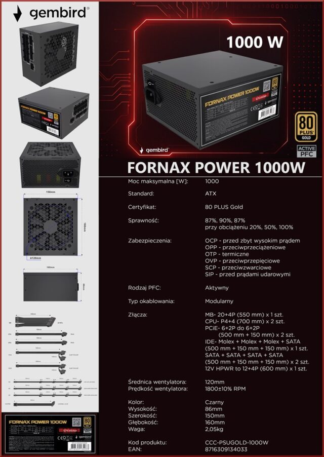 Gembird CCC-PSUGOLD-1000W Power supply unit Fornax Power 1000W active PFC 12cm fan 80+Gold - imagine 14
